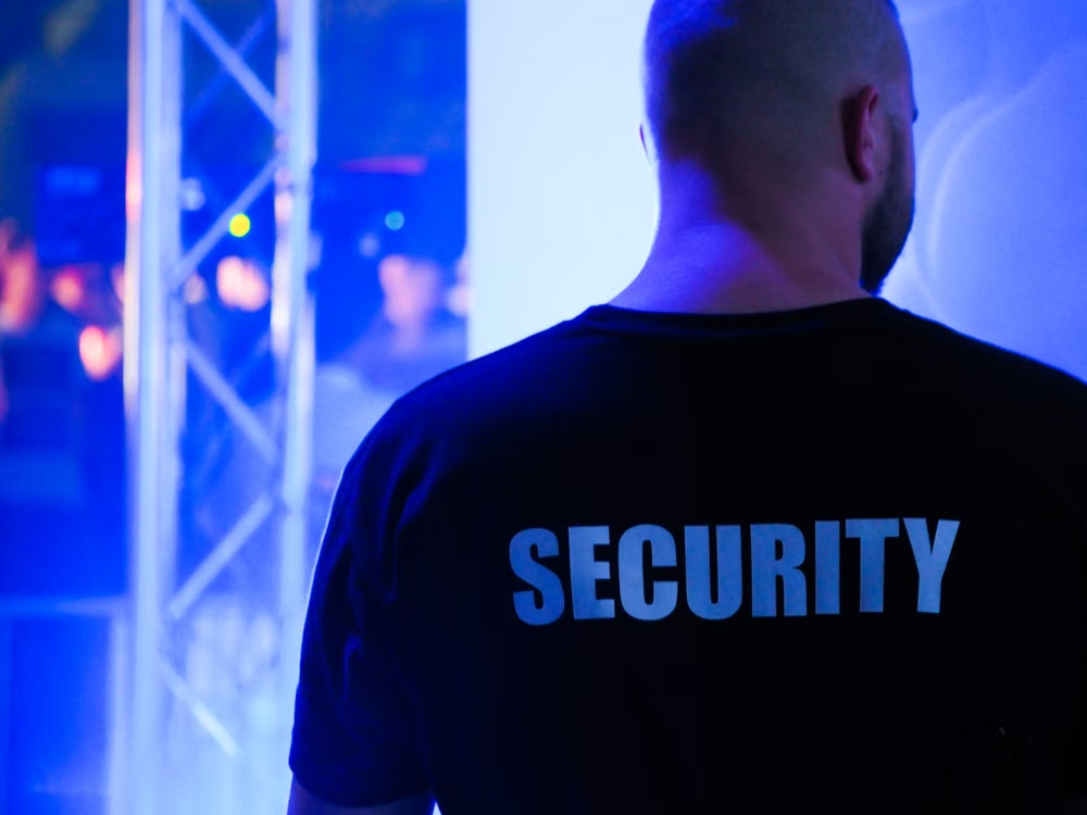 Security guard standing watch at a concert or event venue
