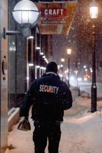  Security guard patrolling a snowy city street at night