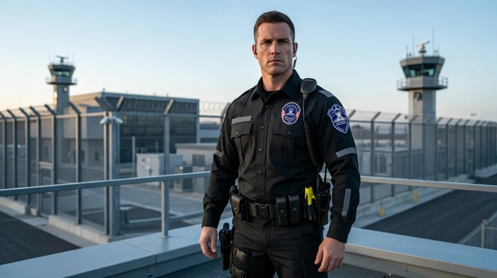 Security officer standing watch at a fenced facility perimeter
