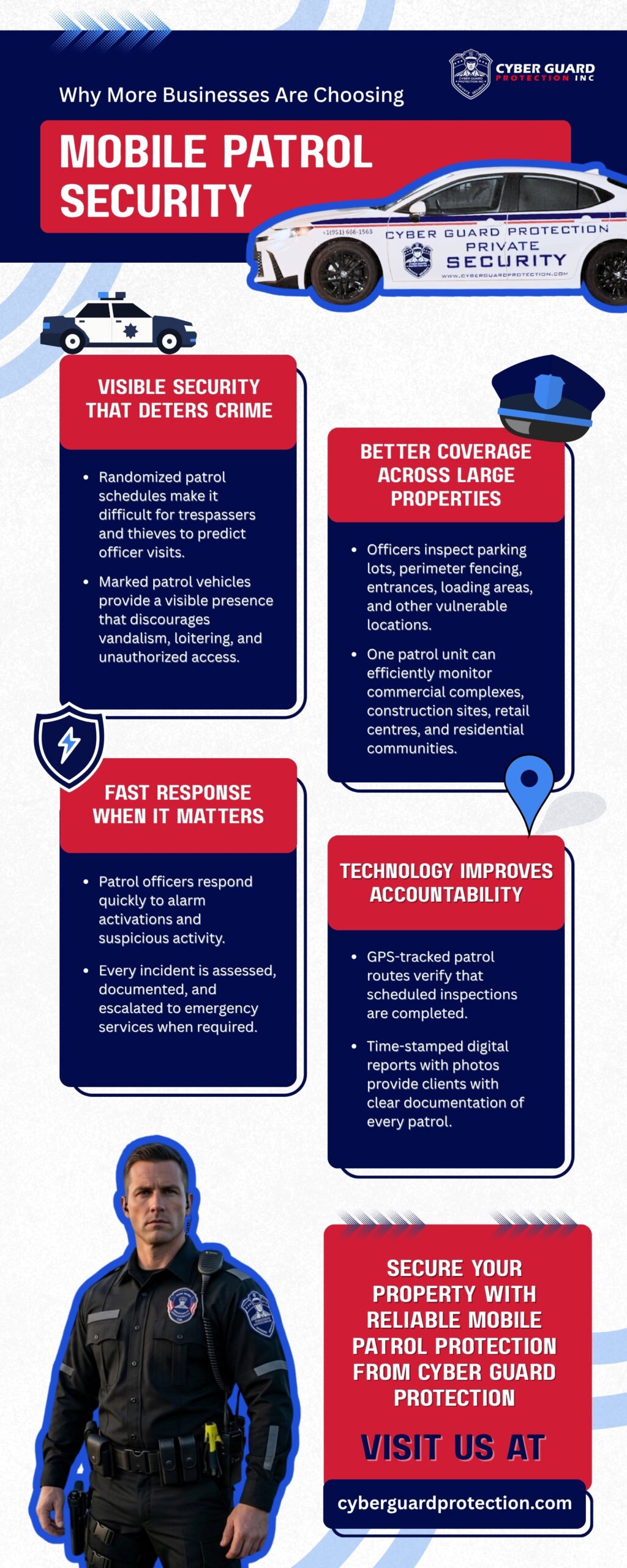Infographic explaining the benefits of mobile patrol security for businesses, highlighting crime deterrence, large property coverage, rapid emergency response, GPS-tracked reporting, and professional protection from Cyber Guard Protection for commercial properties across Southern California.