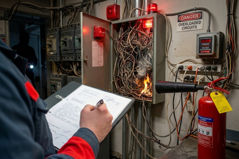 A room with electrical wires, panels, and breakers that are on fire