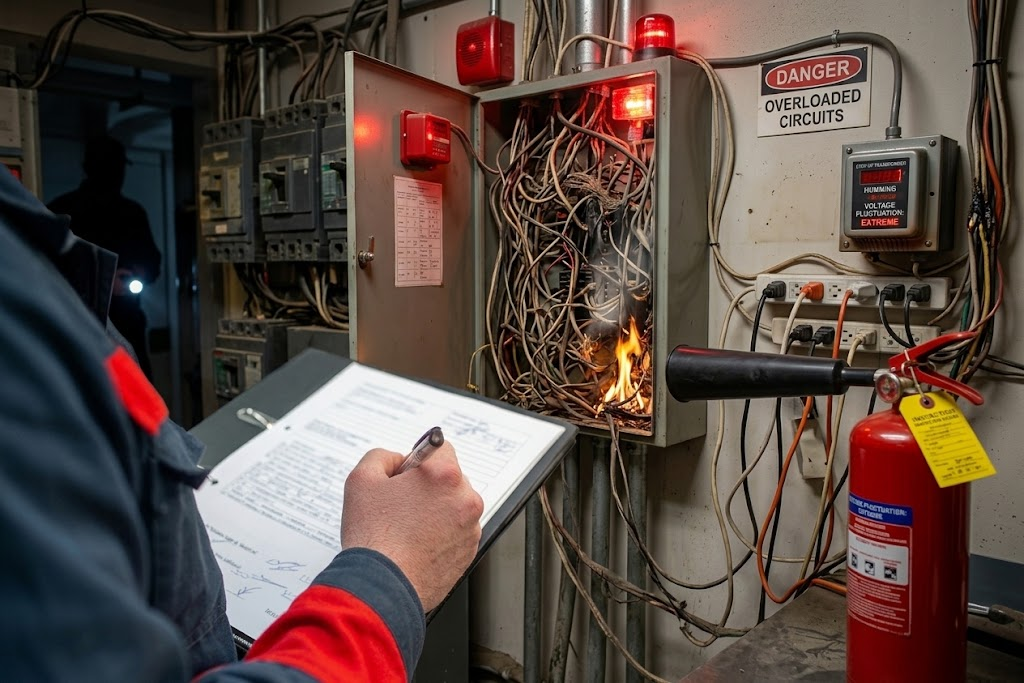 A room with electrical wires, panels, and breakers that are on fire