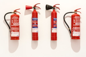 A wall with a row of extinguishers.